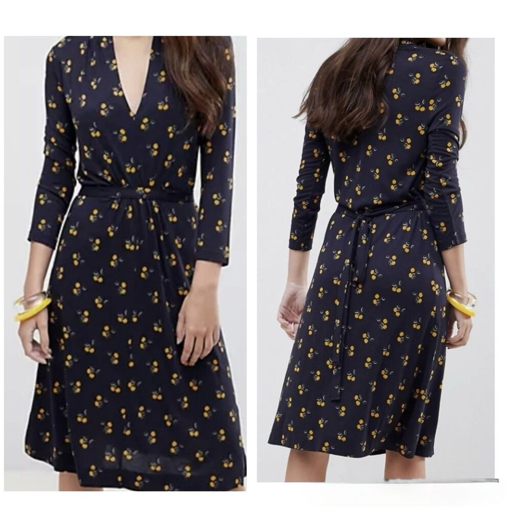 French Connection Navy Wrap Dress with Yellow Floral Print